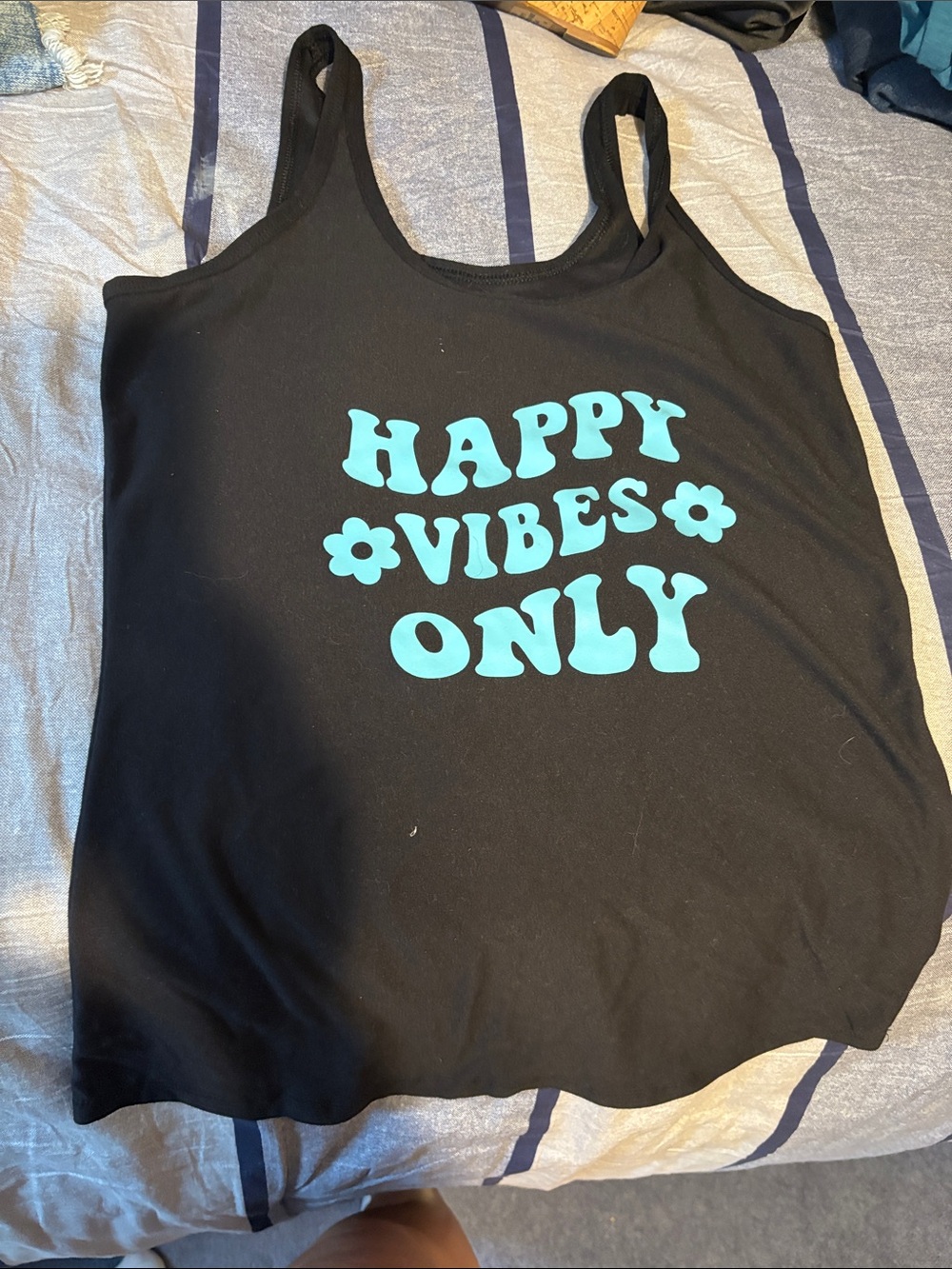 Source Unknown Black Tank Top with Teal "Happy Vibes Only" Print